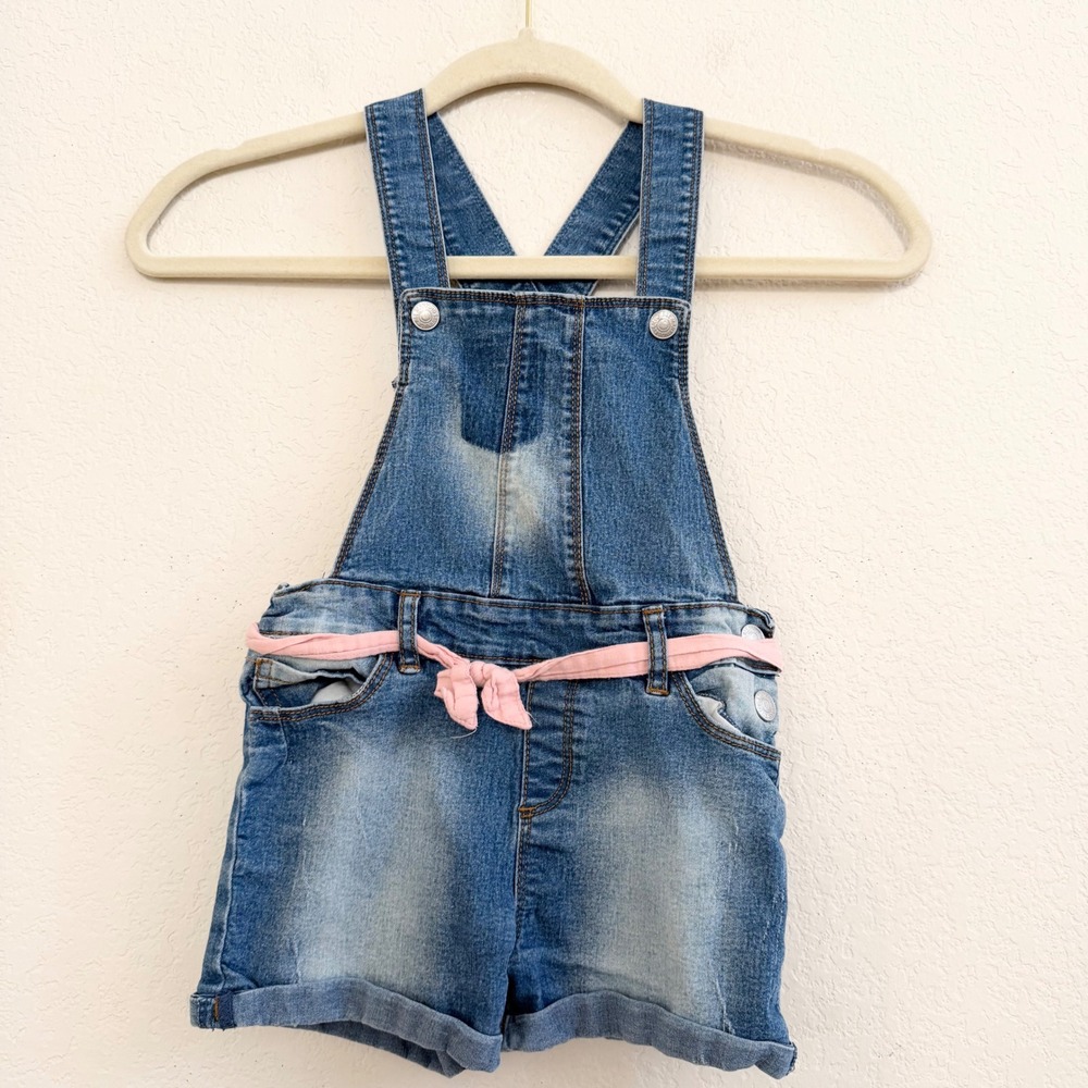 7 For All Mankind Girls Blue Denim Shortall Overalls with Pink Tie Belt 4T